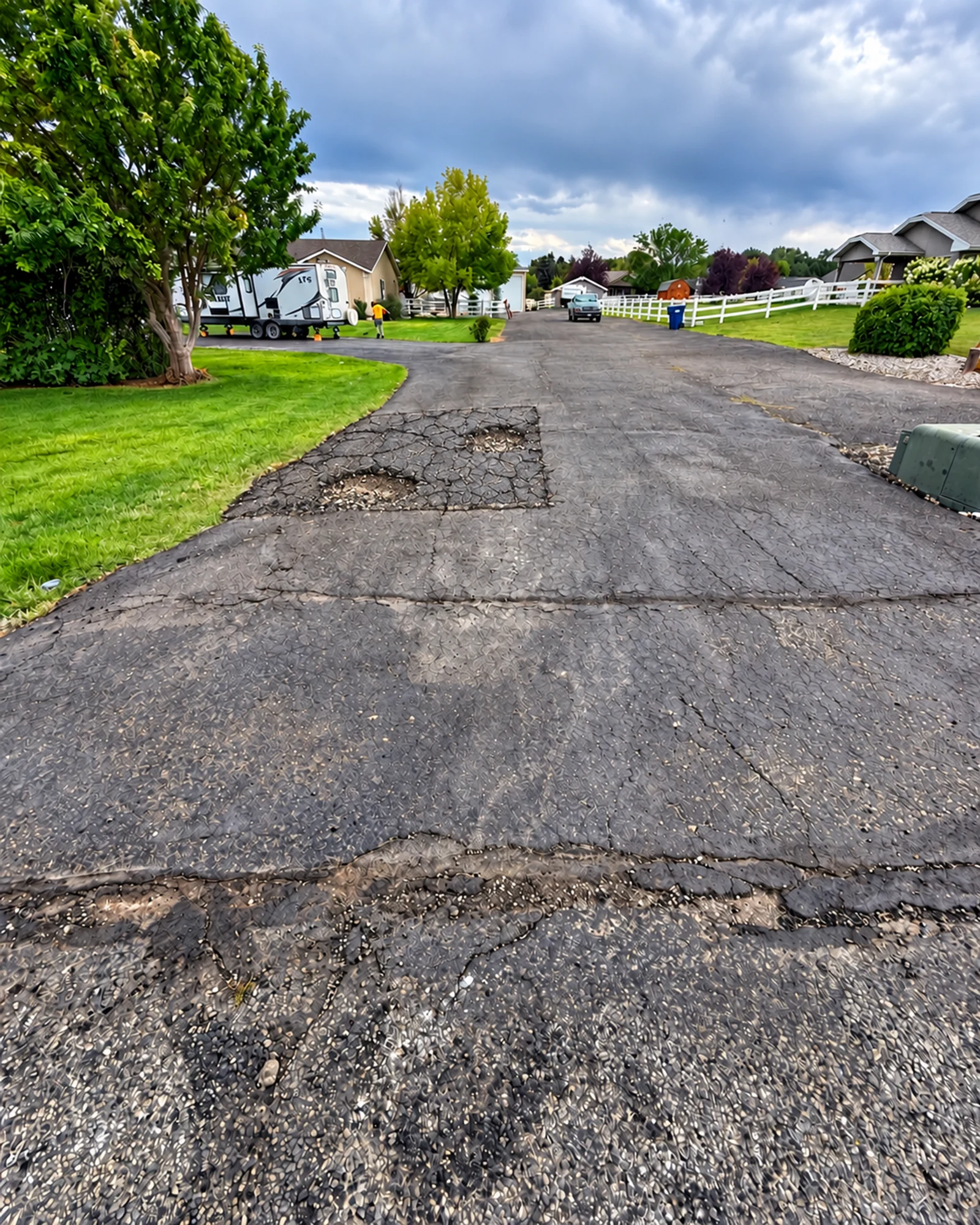 Before asphalt patching: the same driveway area with damaged pavement.