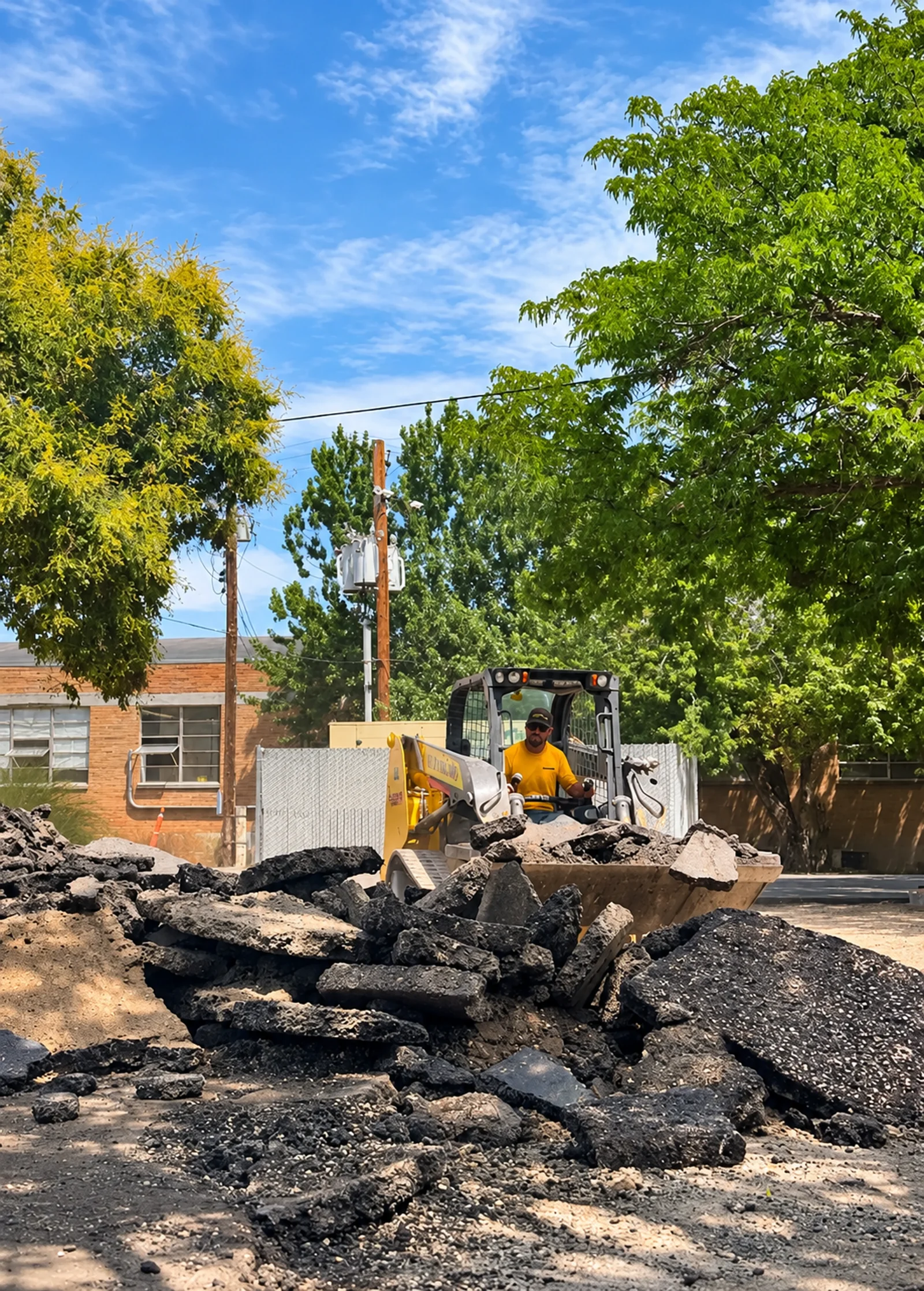 A Superior crew member operates a skid steer with broken asphalt in its bucket beside a pile of removed pavement.